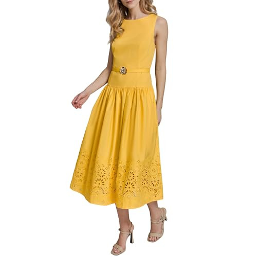 KARL LAGERFELD Paris Women's Sleeveless Boat Neck Drop Waist Belted Midi Dress, Canary Yellow, 16 | Amazon (US)