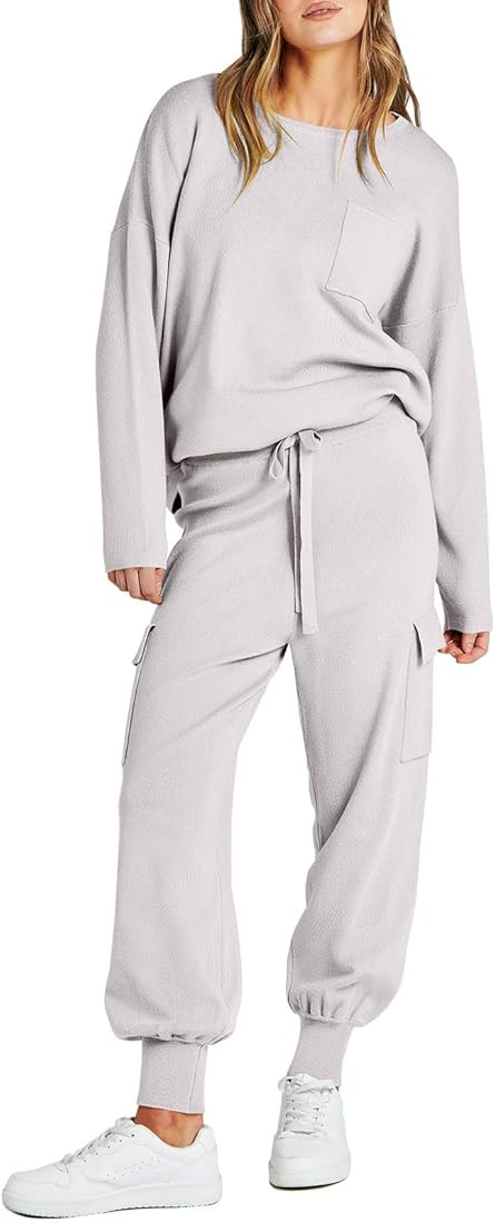 Caracilia Women's Two Piece Outfits Sweater Sets Long Sleeve Knit Pullover Tops and Cargo Jogger ... | Amazon (US)