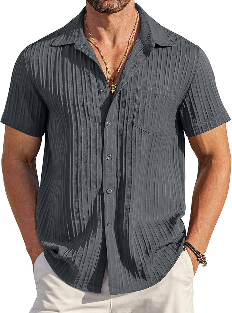 COOFANDY Men's Casual Button Down Shirts Short Sleeve Textured Linen Summer Beach Shirt with Pock... | Amazon (US)