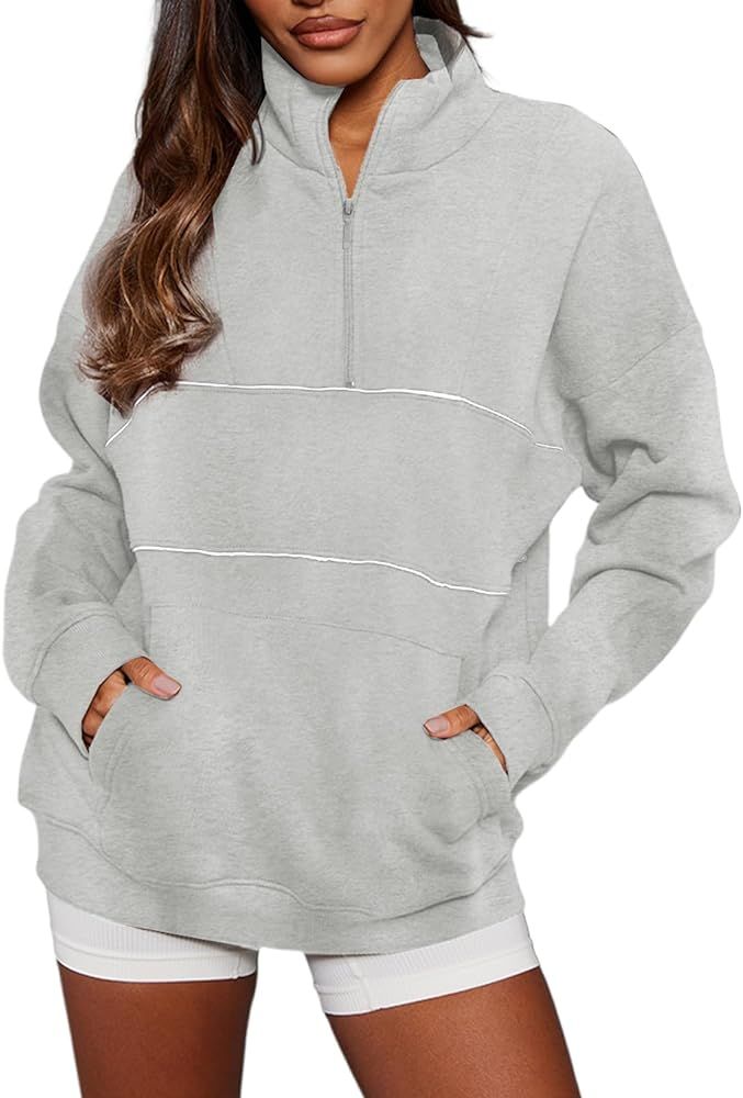 BLENCOT Women's Casual Striped Half Zip Up Drop Shoulder Sweatshirt Oversized Long Sleeve Pullove... | Amazon (US)