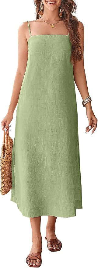 100% Linen Dresses Square Neck Sleeveless Spaghetti Strap Summer Casual Midi Dress with Slit | Amazon (US)