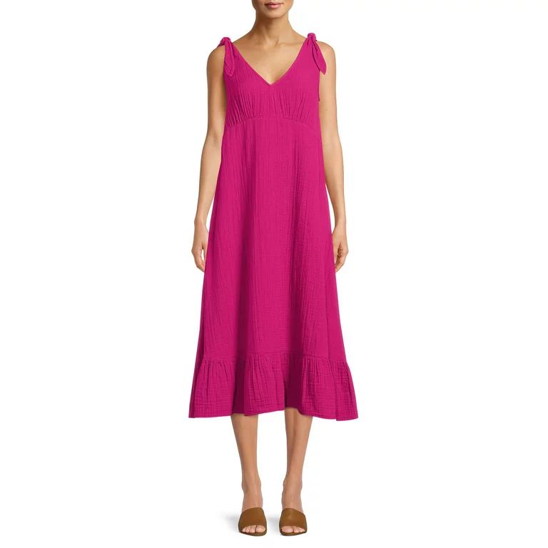 Time and Tru Women's Double Cloth Tie Shoulder Midi Dress | Walmart (US)