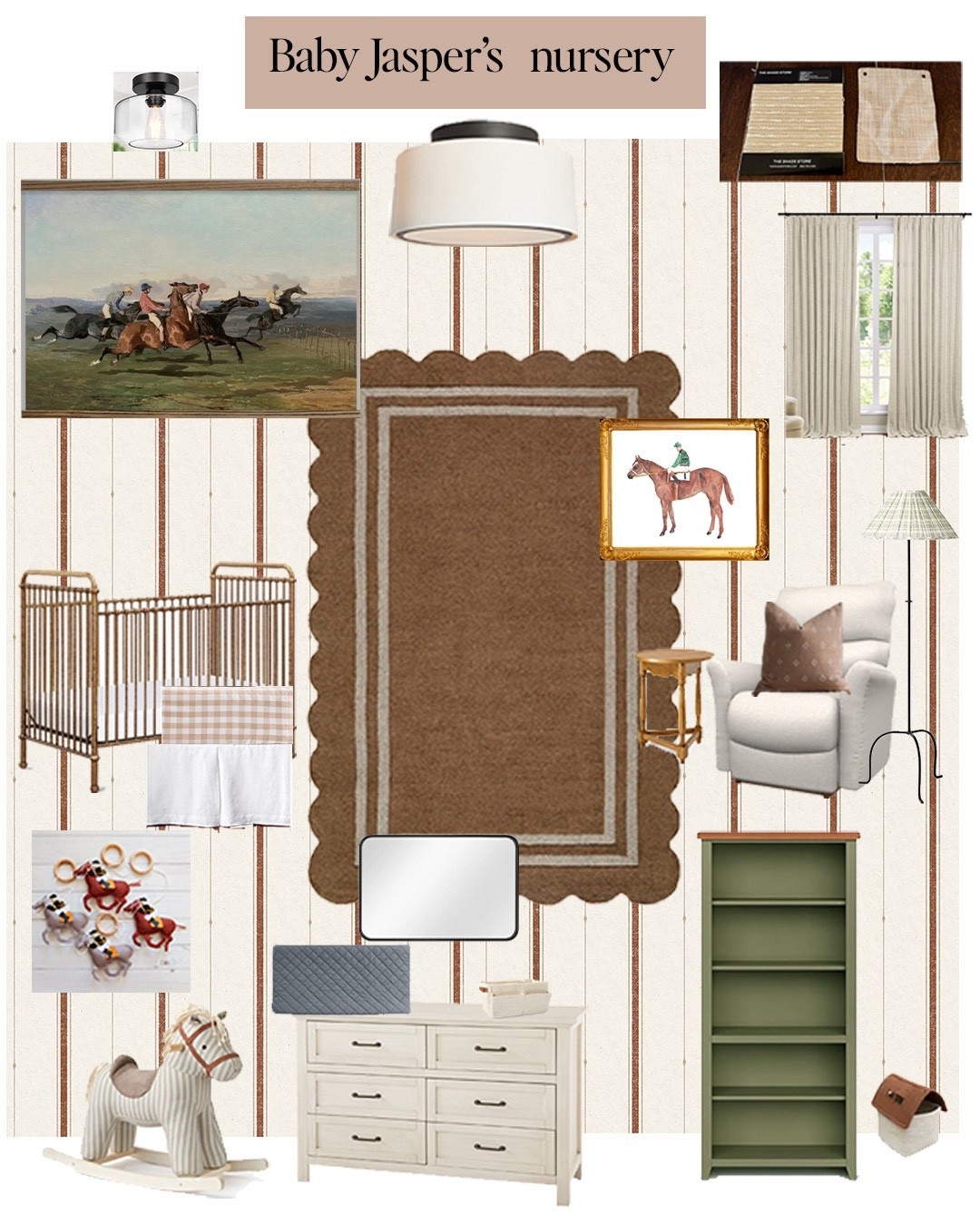 Baby boy nursery decor with horse 🐎 theme. Muted scallop nursery rug, horse art, nursery bookshelf. 

#LTKHome #LTKBaby