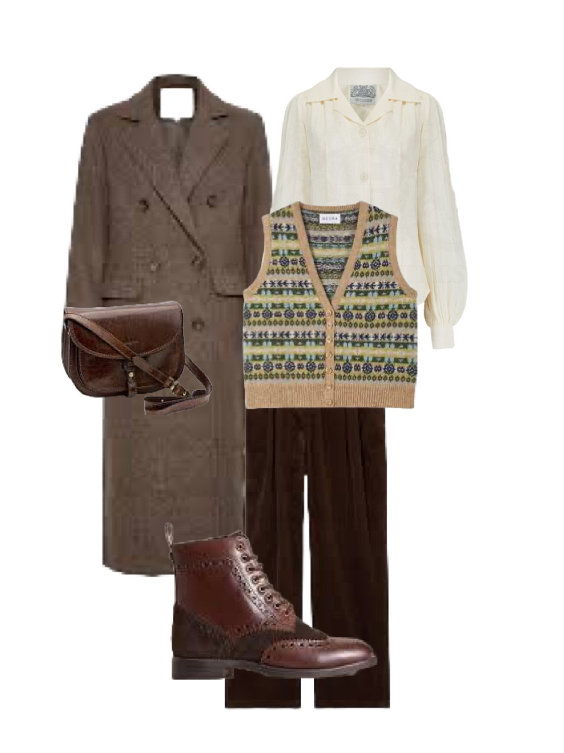 1940s wintering Land Girl vintage vibes! I absolutely love this brown double breasted wool coat (so like a style worn by Fran Lebowitz) by Essential Wardrobe available at John Lewis and you can also find the Brora wool fair isle waistcoat here and the Barbour Julienne Tomorrow’s Archive cotton corduroy trousers too! Head to Etsy UK for the 1940s Poppy blouse in cream by Seamstress of Bloomsbury with a collar of the period you simply won’t find elsewhere, while Marks and Spencer stock these fab White Stuff brown brogue ankle boots (I’ve also added the tan version to the product list) Finally the brown leather saddle bag is from House of Bruar. 

#LTKautumn #LTKeurope #LTKuk
