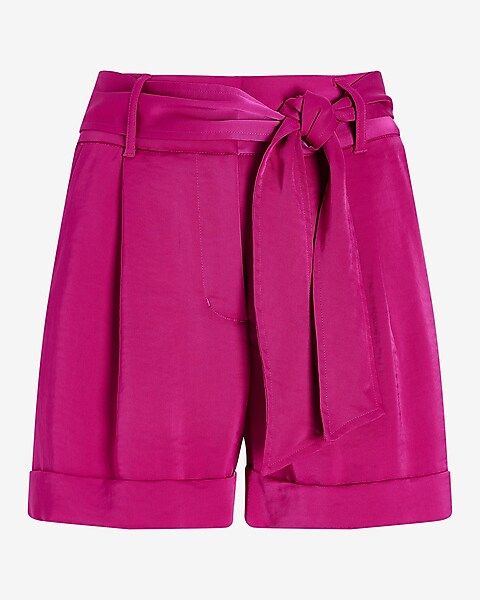 Super High Waisted Satin Tie Belt Tailored Shorts | Express