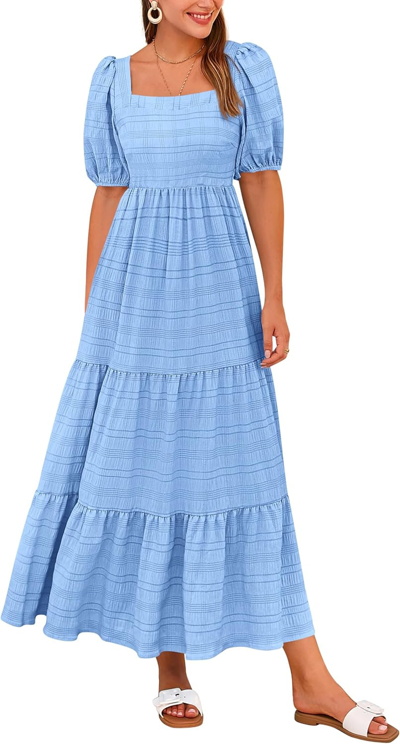 PRETTYGARDEN Women's Summer Dresses 2024 Puff Sleeve Square Neck High Waist Smocked A-Line Flowy ... | Amazon (US)