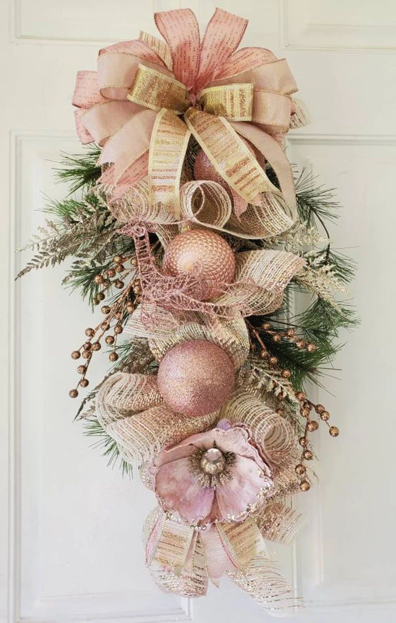 Rose gold door hanger pink Christmas champagne wreath | Etsy | Etsy (US)