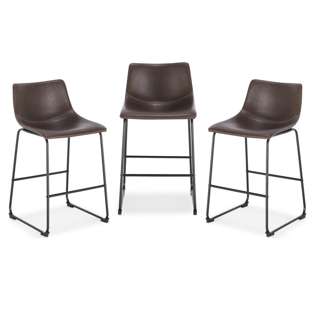 EDGEMOD Brinley Brown Counter Stool (Set of 3), Brown/Matte Black | The Home Depot