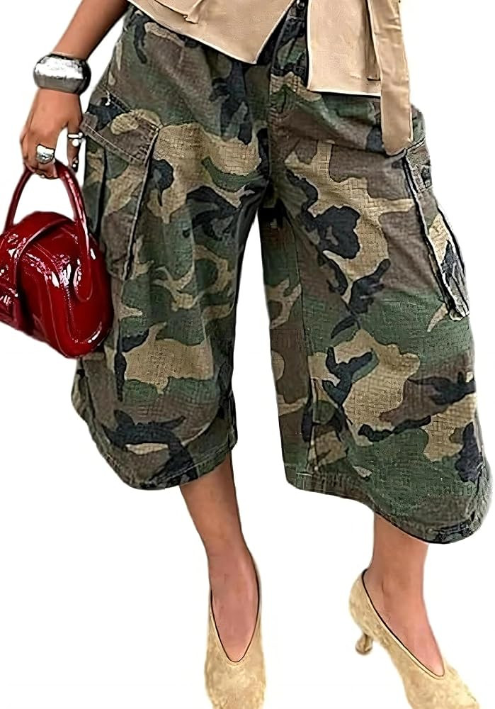 Camo Pants Baggy Cargo Cropped Denim Jeans Wide Leg Army Fatigue Shorts | Amazon (US)