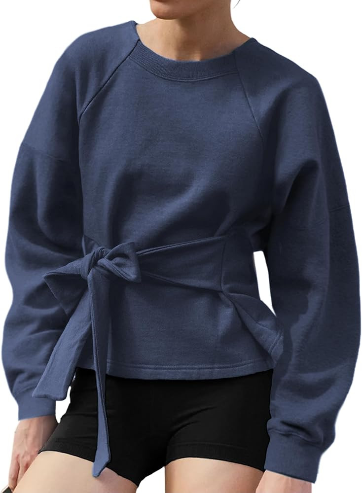 Zhiyouni Women's Long Sleeves Shirt Tops Casual 2025 Fall Fashion Crewneck Tie Knot Sweatshirt Pu... | Amazon (US)