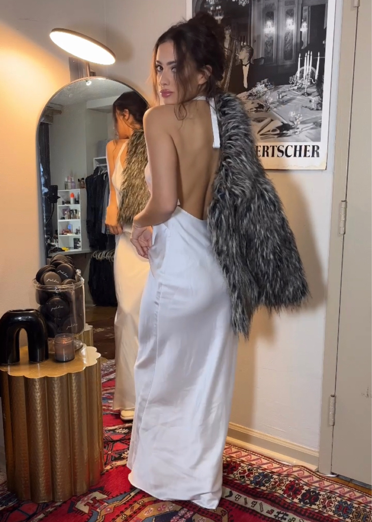 Low back white silky dress and fur 