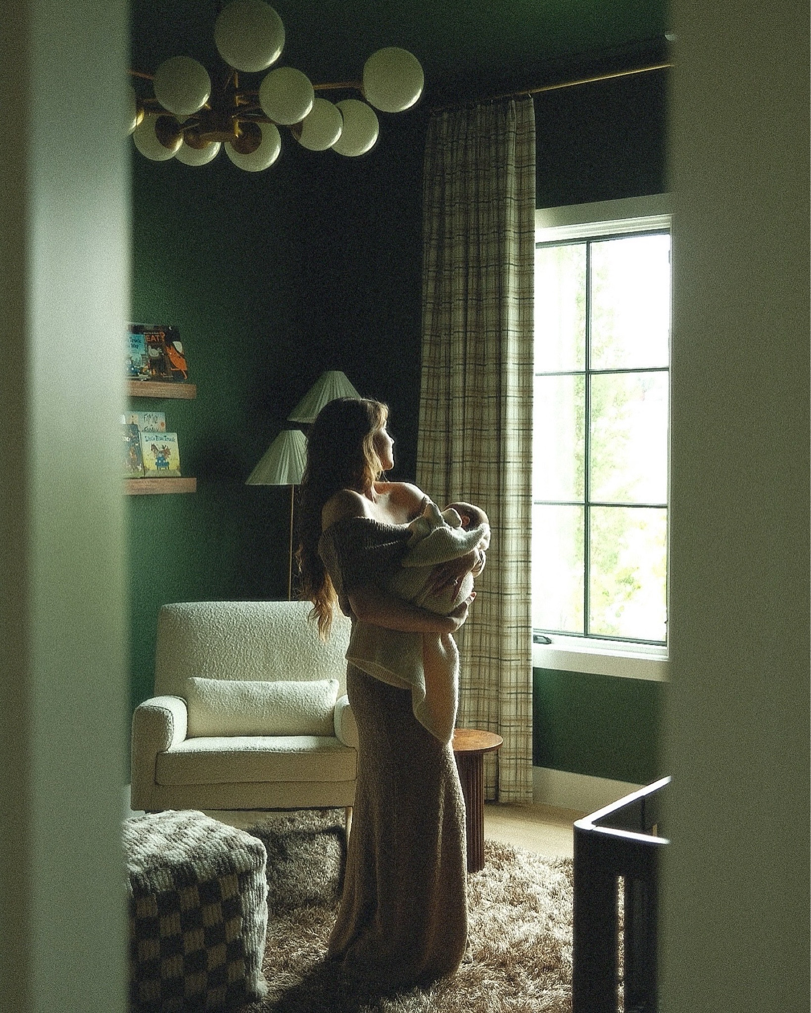 revolve dress, babyletto chair, barefoot baby blanket, target pouf 🤎