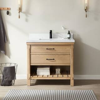 Valencia 36 in. W x 22 in. D x 33.9 in. H Bathroom Vanity in Washed Ash with White Composite Ston... | The Home Depot