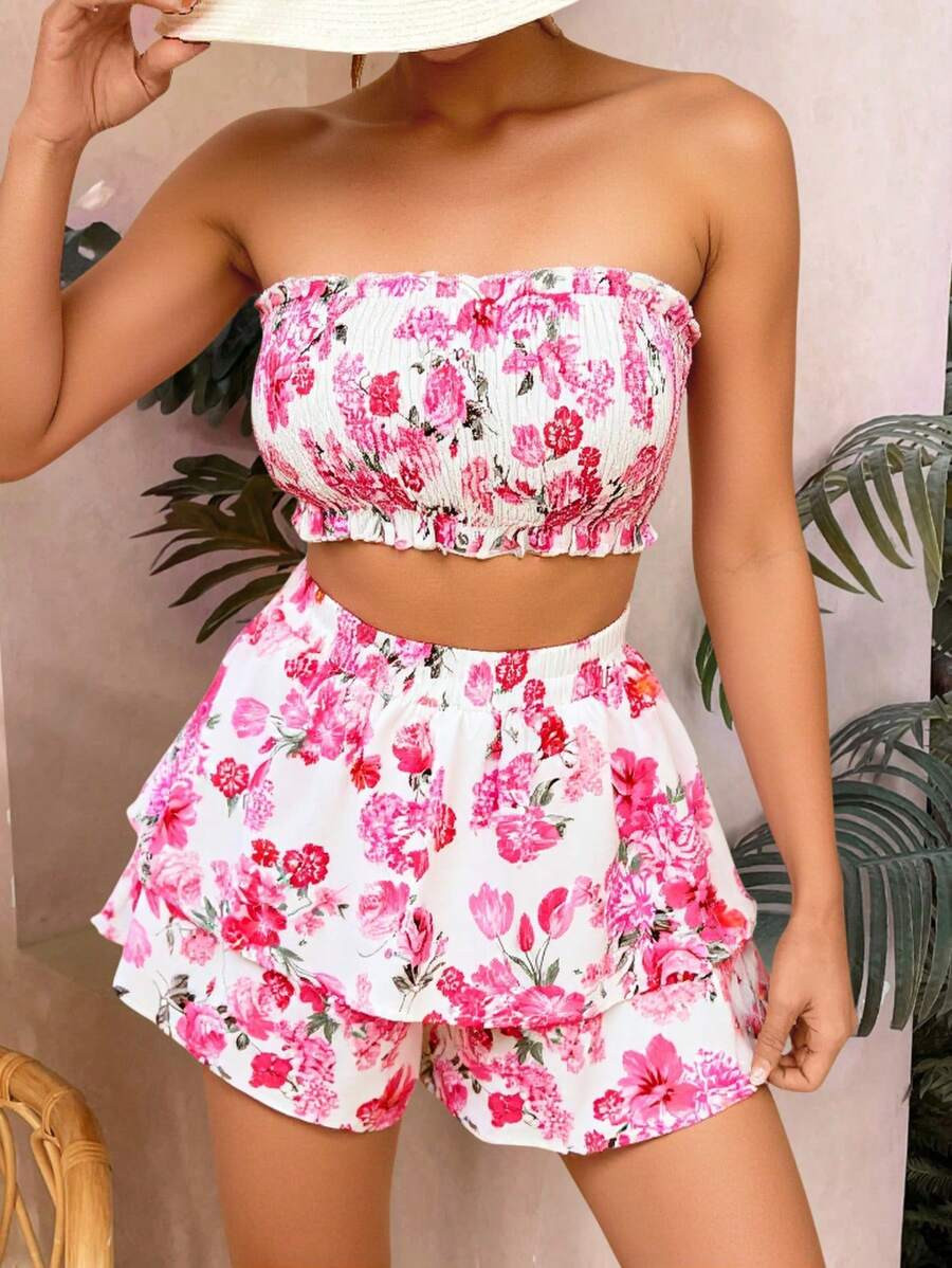 SHEIN VCAY 2pcs Women Holiday Floral Print Multi-Layer Ruffle Hem Set | SHEIN