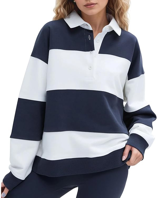 Women Striped Color Block Polo Sweatshirt Lapel Collared Long Sleeve Oversized Rugby Shirt 2025 T... | Amazon (US)