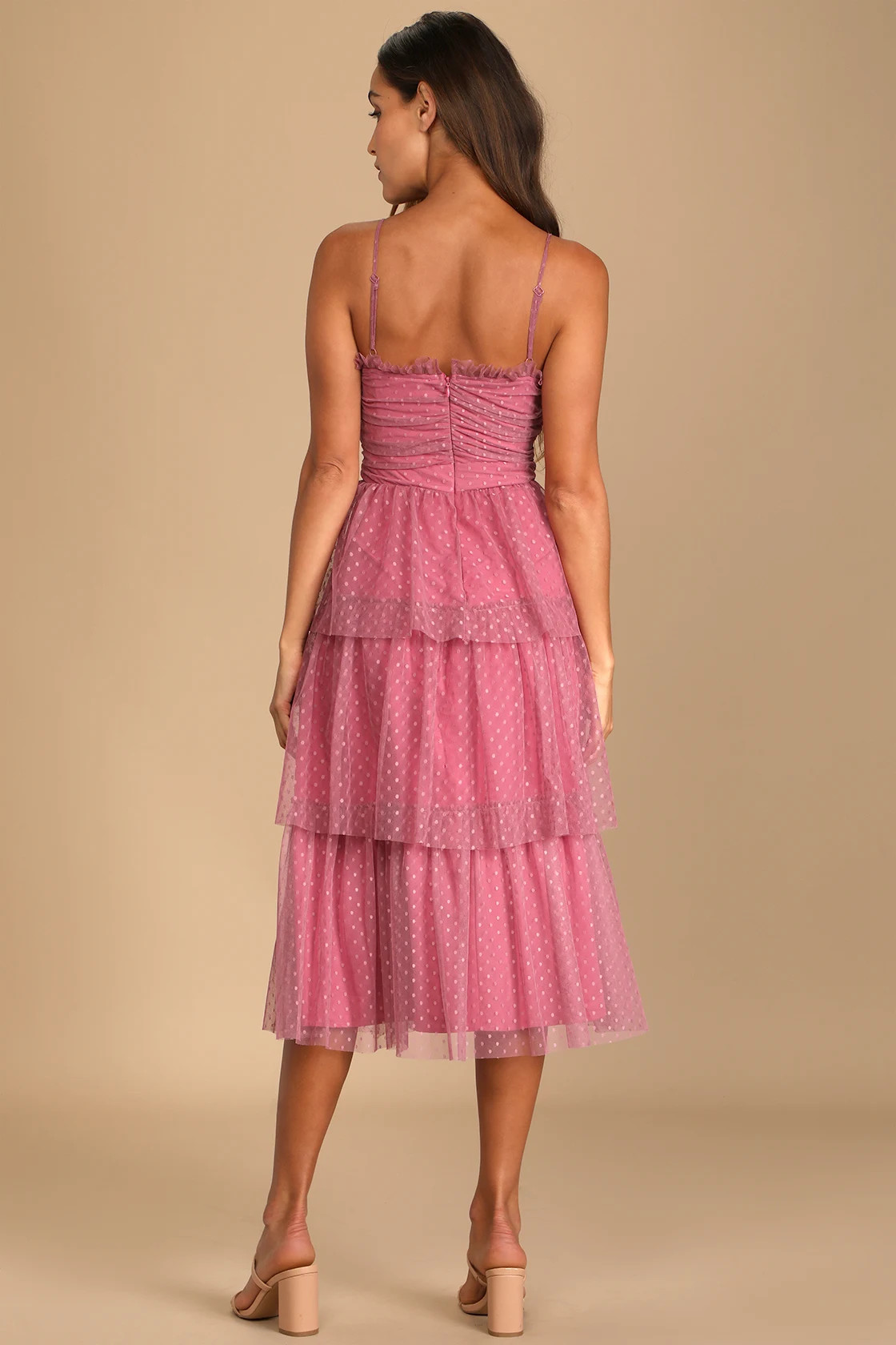 Sweetheart Style Mauve Polka Dot Bustier Tiered Midi Dress | Lulus