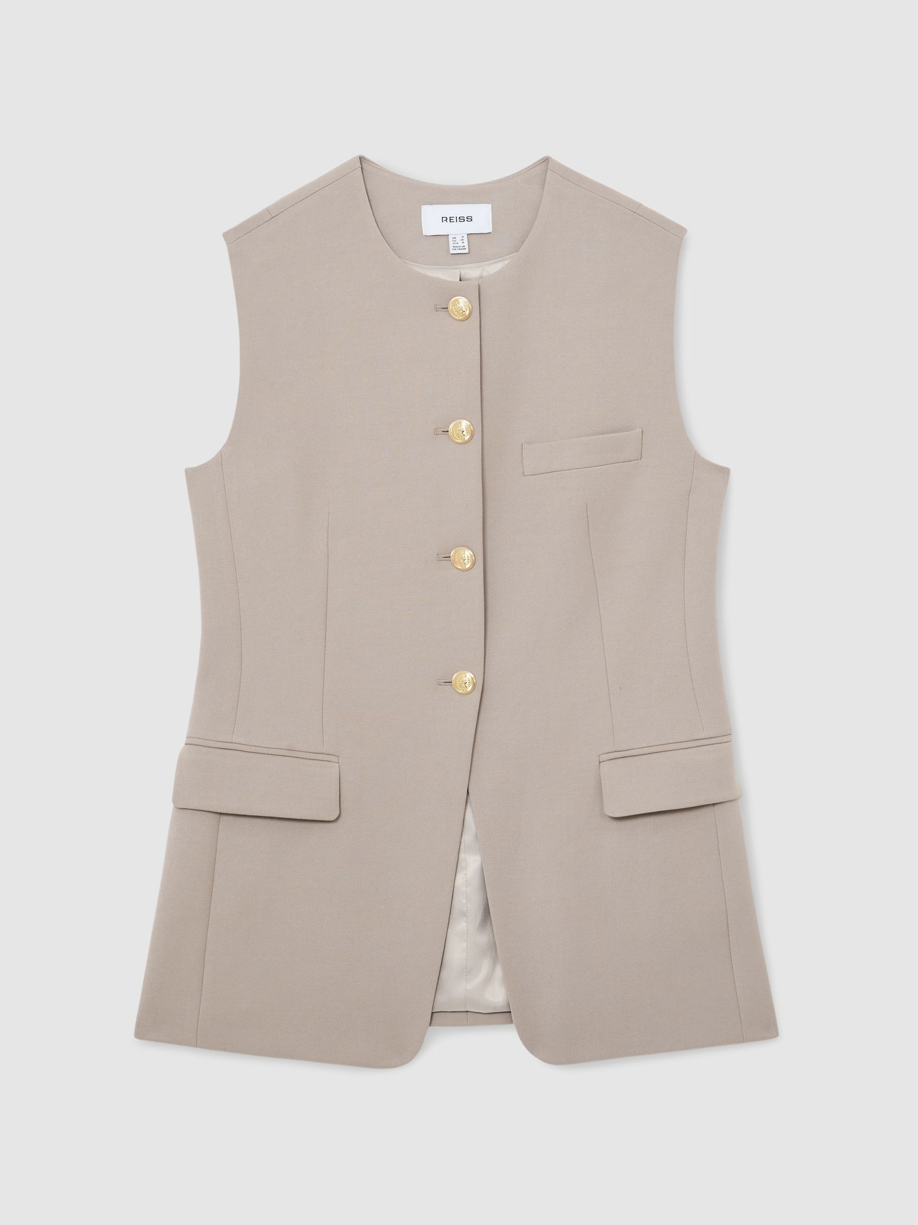 Reiss Button-Through Longline Waistcoat in Stone Neutral | REISS | Reiss US
