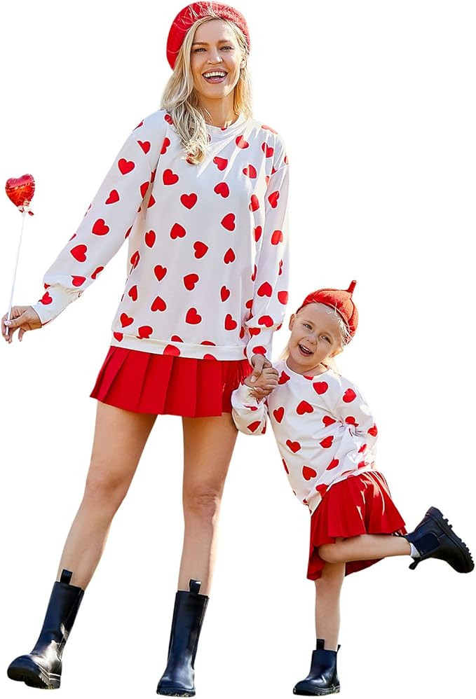 PopReal Mommy and Me Outfits Heart Printed Sweatshirt Valentine's Day Pullover Top | Amazon (US)