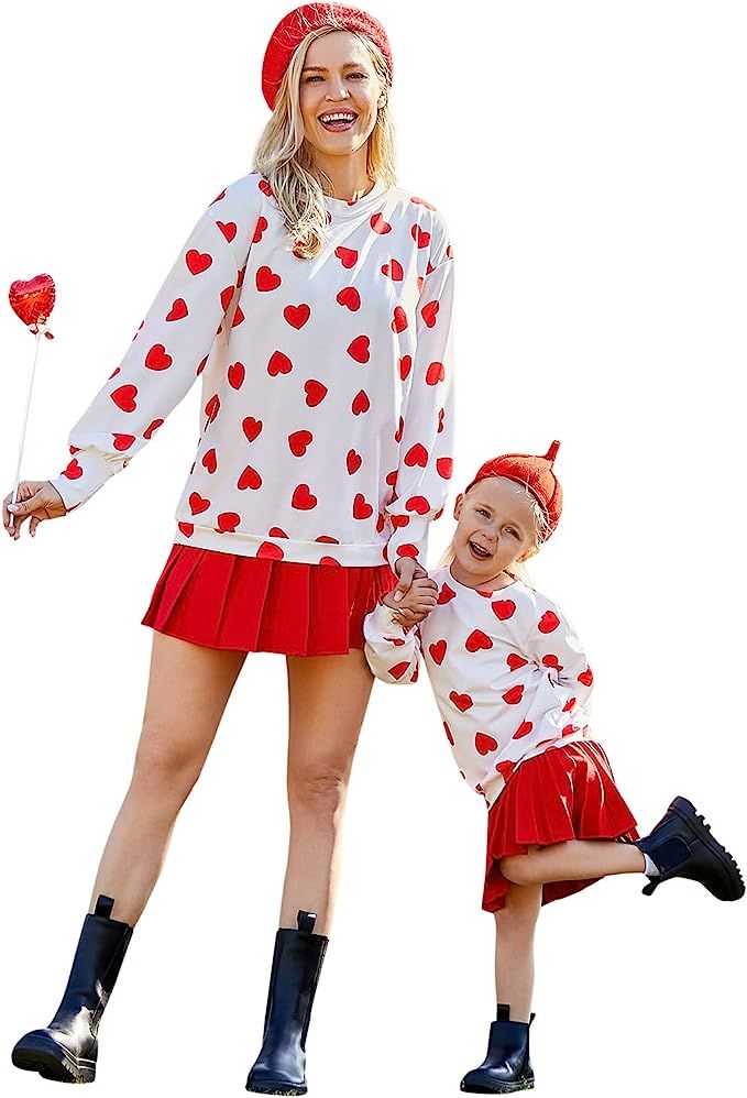 PopReal Mommy and Me Outfits Heart Printed Sweatshirt Valentine's Day Pullover Top | Amazon (US)