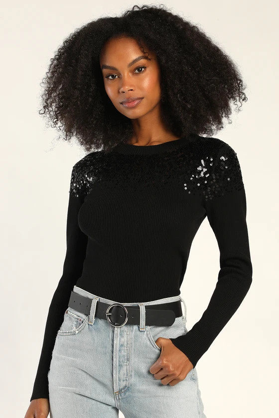 Seasonal Shine Black Ribbed Knit Sequin Long Sleeve Top | Lulus (US)