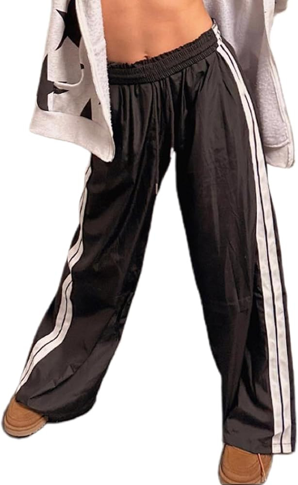 KMBANGI Women Striped Track Pants Elastic Waist Straight Leg Sweatpants Joggers Wide Leg Side Str... | Amazon (US)