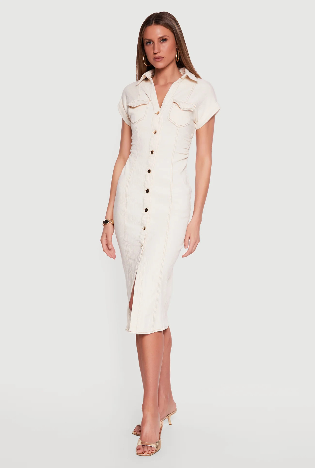Denim Side Ruched Dolman Sleeve Shirt Dress | Rainbow Shops
