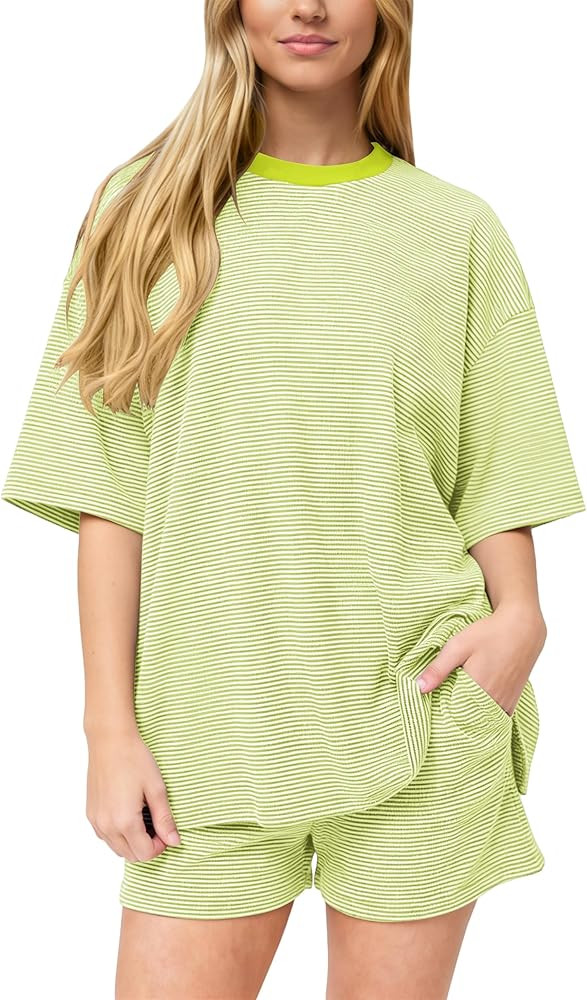 Meladyan Women's Striped 2 Piece Lounge Set Oversized Short Sleeve Crewneck T-Shirts Wide Leg Pan... | Amazon (US)