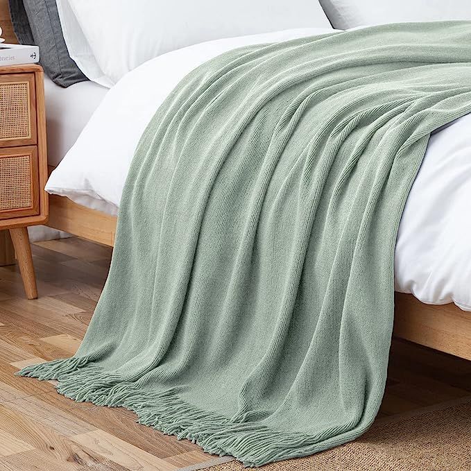 Vonty Sage Green Knitted Blanket with Tassels Fringe 60" x 80", Super Soft Knit Throw Blanket, Fa... | Amazon (US)