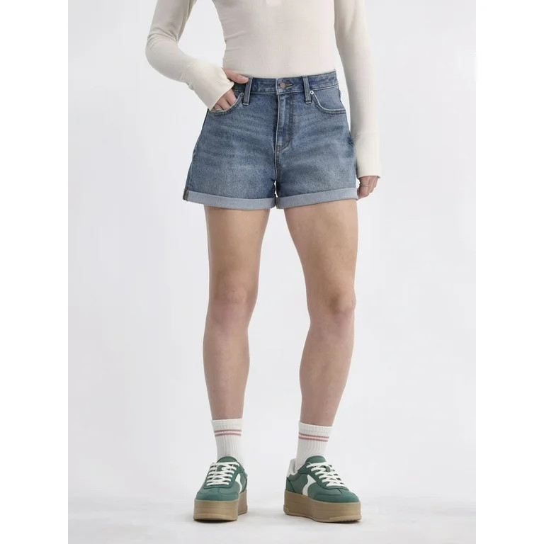 No Boundaries High Rise Denim Rolled Cuff Shorts, Women's | Walmart (US)
