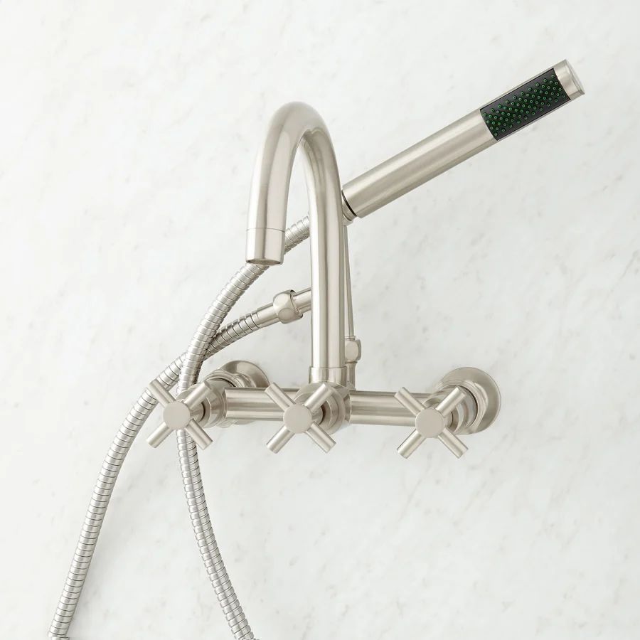Sebastian Wall Mounted Tub Filler Faucet with 2" Wall Couplers and Cross Handles - Includes Hand ... | Build.com, Inc.