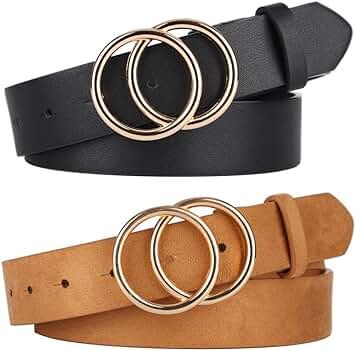 Pack 2 Women Belts for Jeans with Fashion Double O-Ring Buckle and Faux Leather | Amazon (US)