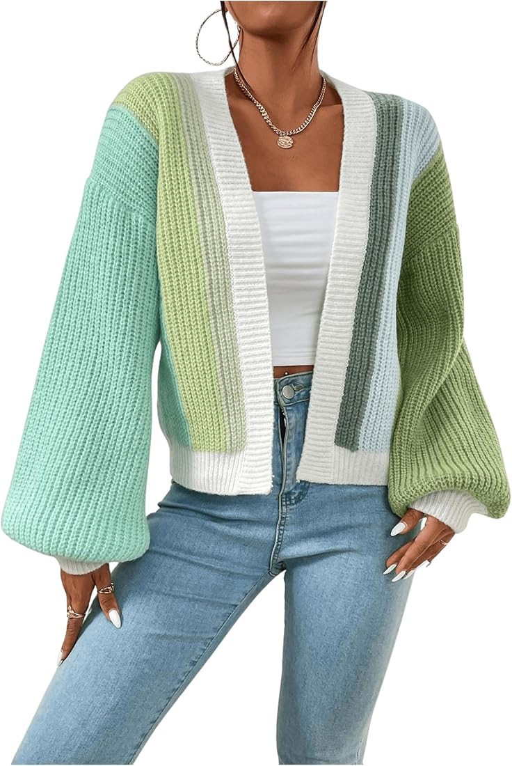 SHENHE Women's Color Block Open Front Long Sleeve Ribbed Knit Cropped Cardigan Sweaters | Amazon (US)