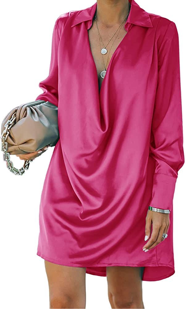 LYANER Women's Satin Collar V Neck Drape Ruched Front Flowy Long Sleeve Short Mini Dress | Amazon (US)