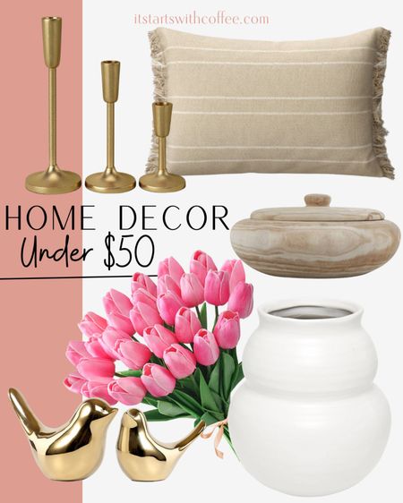 Home decor under $50 includes faux tulips, vase, gold bird figures, lumbar pillow, gold candle holders.

Home decor, affordable home decor, neutral home decor, ltkhome

#LTKhome #LTKstyletip #LTKunder50