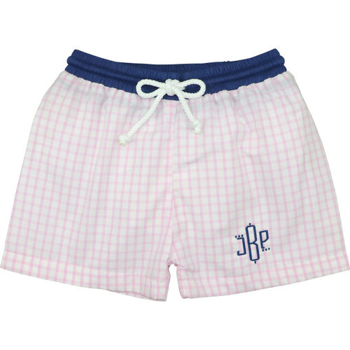 Pink And Navy Windowpane Swim Trunks | Cecil and Lou