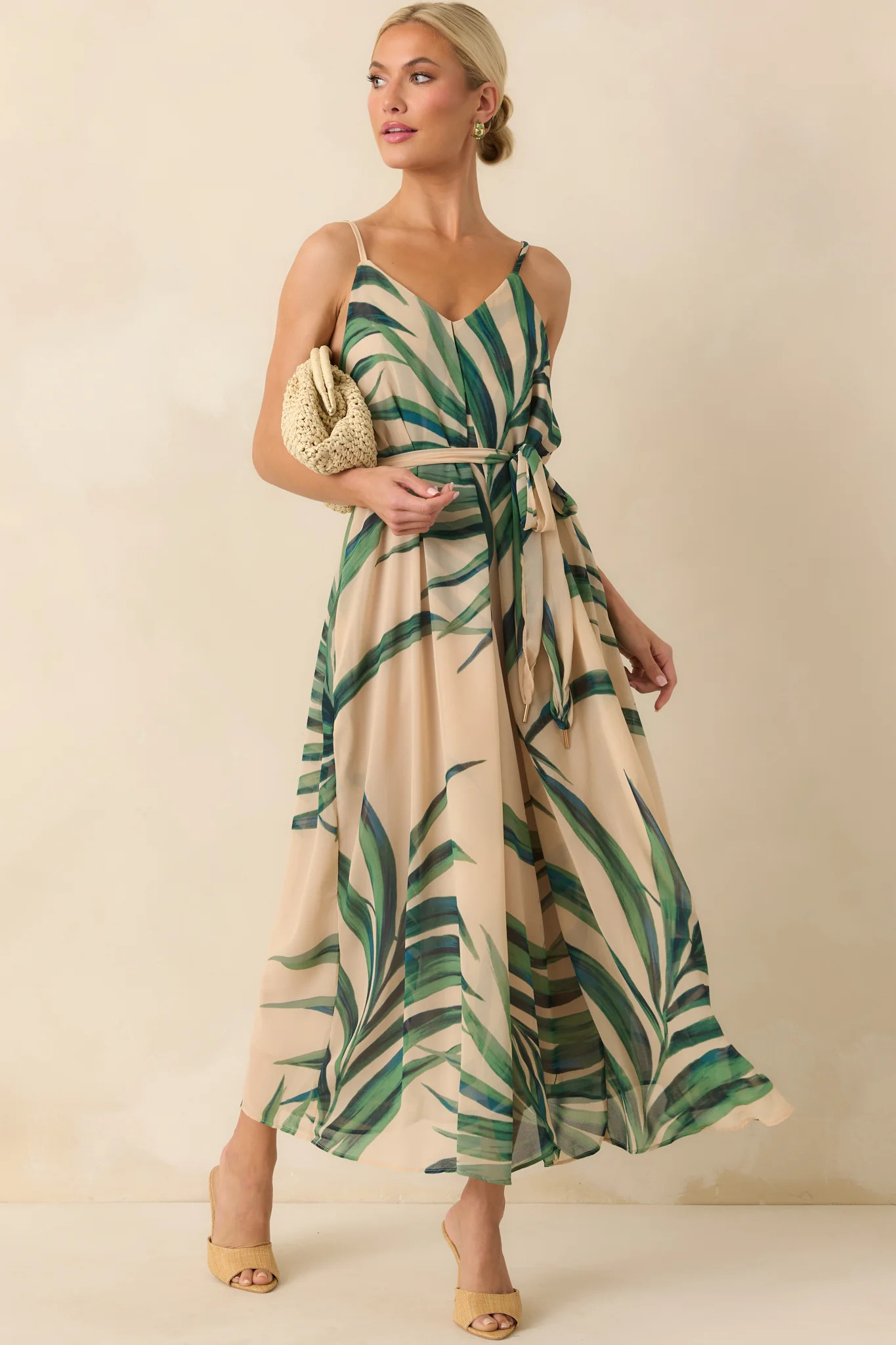Better Than I Imagined Beige Palm Leaf Print Chiffon Maxi Dress | Red Dress