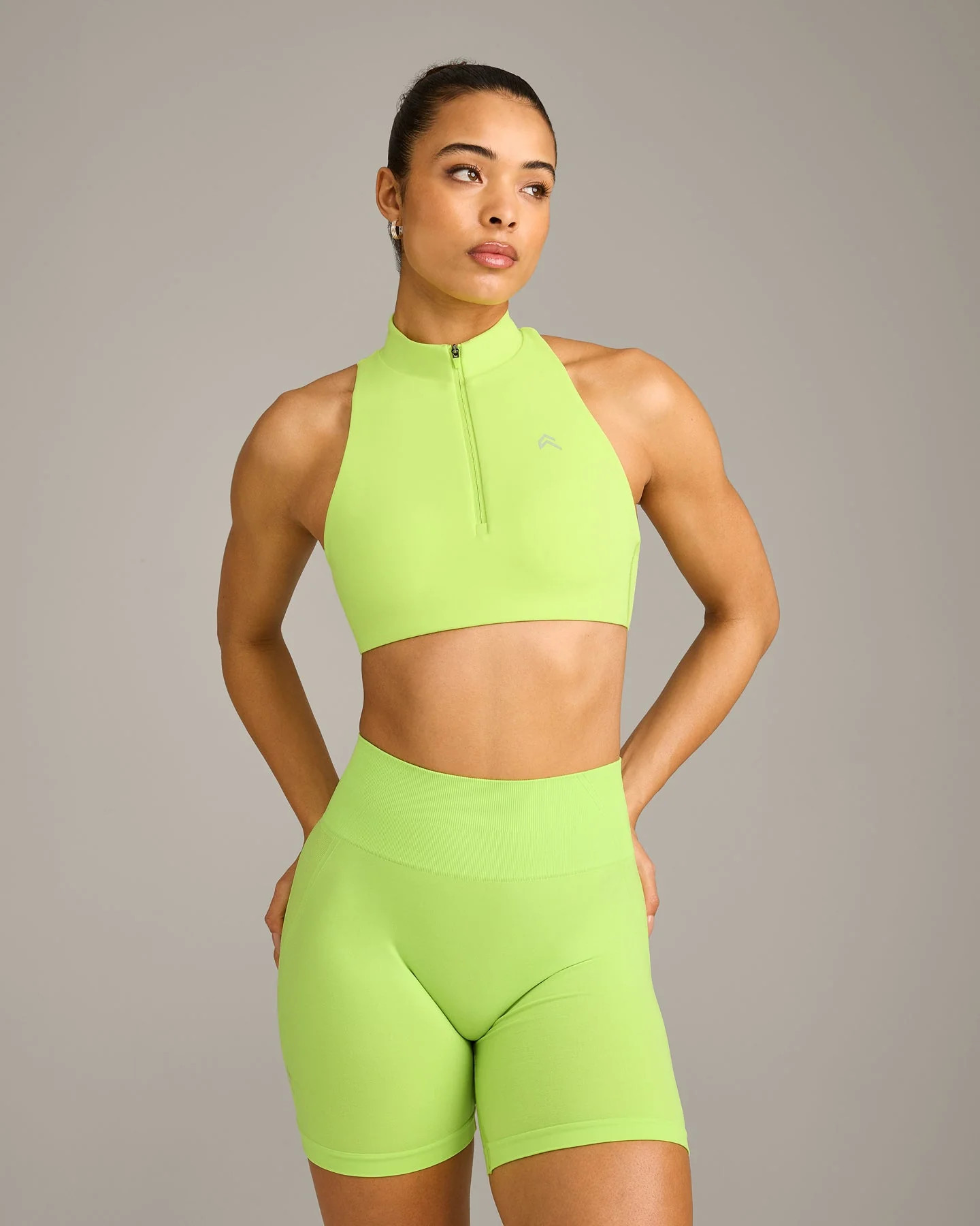EasyLift™ Zip High Neck Sports Bra with Grey Logo 
 Citrus Green | Oner Active (UK / US)