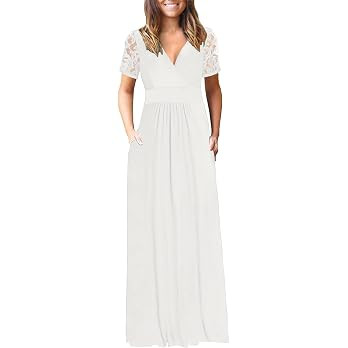 AUSELILY Maxi Dresses for Women 2026 Lace Short Sleeve V Neck Wrap Long Dress with Pockets | Amazon (US)