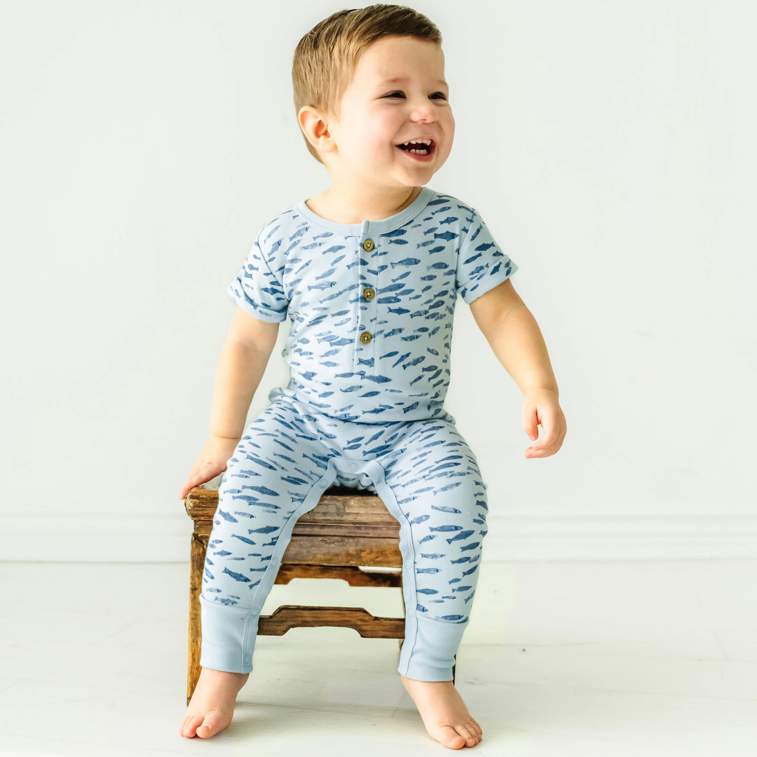 Organic Short Sleeve Button Romper - Minnow | Makemake Organics | Makemake Organics