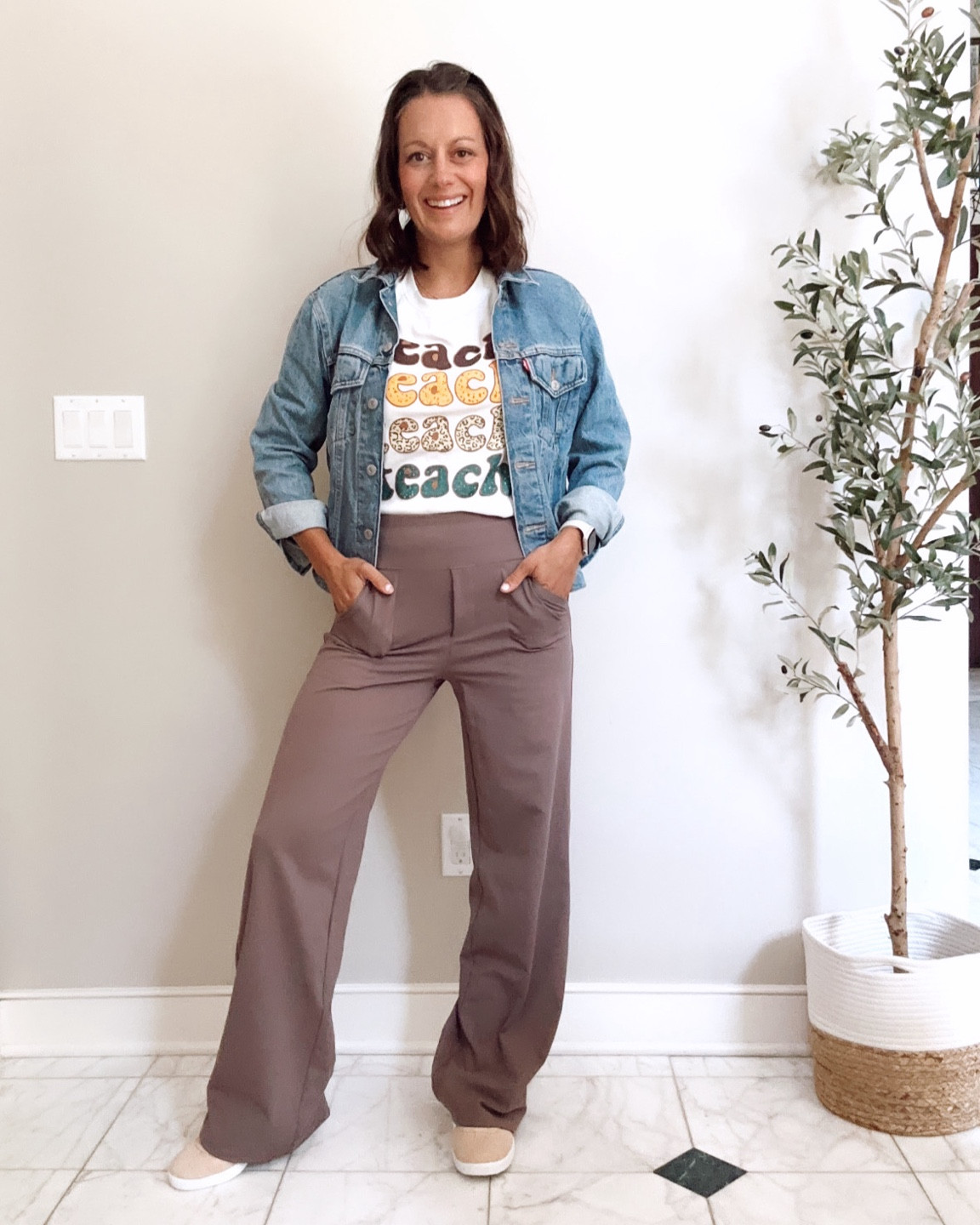 Amazon teacher outfit idea with this super soft teacher t-shirt, yoga pants that look like trouser pants (run true to size - I need the short length at 5’4”), jean jacket.



#LTKFindsUnder50 #LTKOver40 #LTKWorkwear