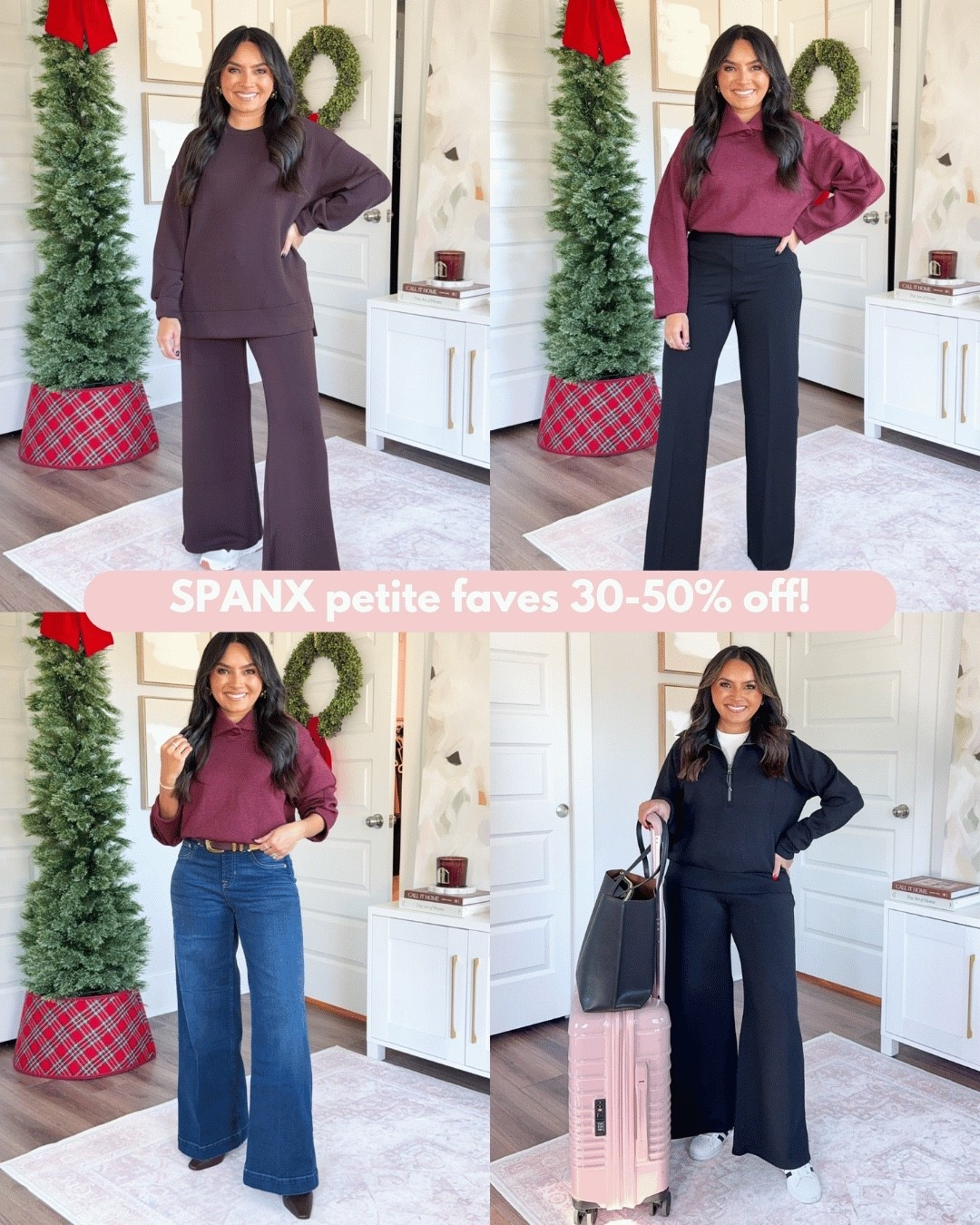 For reference: I’m 5’0, 32b bra size, and 2/26 in bottoms, pear shaped. 
*Everything I share is unaltered! TTS means true to size.
Wearing size xs in tops and xs petite in pants in all pieces! Everything fits TTS.
The red top in color Casis heather will be available in this color on 12/4
Sneakers size 6.5 TTS 
Boots size 5.5 TTS

Black pullover size xs TTS 
Black wide leg pants size xs TTS 
Sneakers size 6 TTS 




#LTKHoliday #LTKPetite #LTKSaleAlert