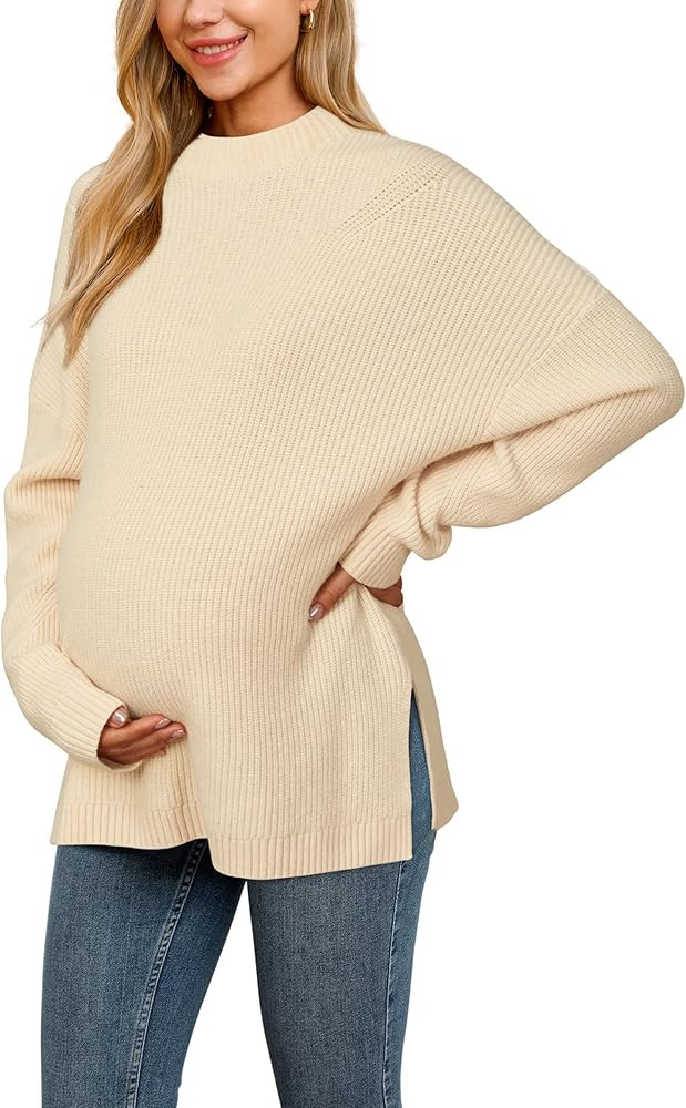 OUGES Maternity Oversized Sweaters 2025 Winter Clothing for Women Trendy Ribbed Knit Side Slit Wo... | Amazon (US)