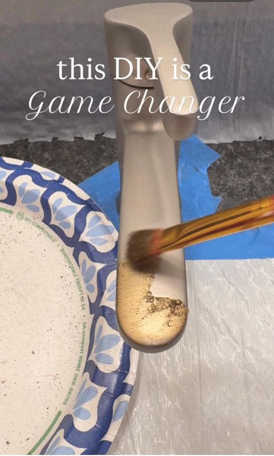  you do NOT have to replace your faucet to get a new finish. This is just paint. Brush-on gold paint, some painter's tape, and your builder-grade chrome faucet goes full brushed brass. 

 #LTKdayinmylife #LTKmomlife #LTKHome