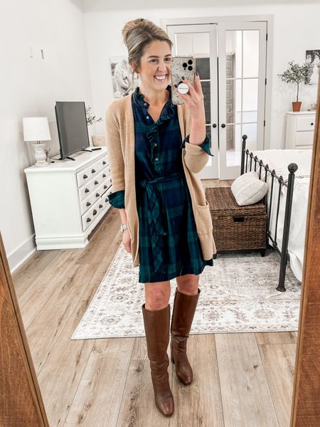 Wednesday Work Outfit🍂 I’ve had this dress and cardigan for a few years but linked similars! Boots- order 1/2 size down 
Fall dress, work outfits, plaid dress, shirt dress 

#LTKworkwear #LTKstyletip #LTKSeasonal