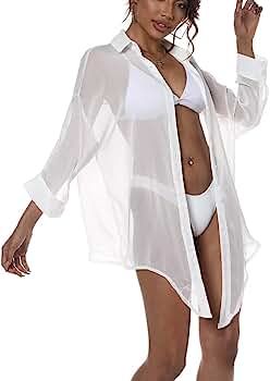 ZAFUL Women's Bikini Swimwear Cover Up Semi-Sheer V Neck Button Up Top Shirt Blouse Beachwear | Amazon (US)