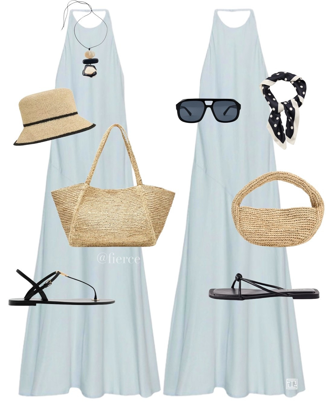 Blue dress raffia bag black flat sandals raffia bucket hat oversized sunglasses beach holiday outfit resort wear 

#LTKuk #LTKeurope #LTKdresses