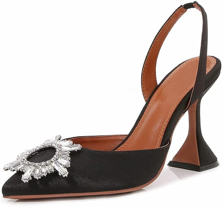 VARECOLA Women Crystal Satin Pointed Toe Pumps Shoes Triangle High Heeled Slingback Sandals | Amazon (US)