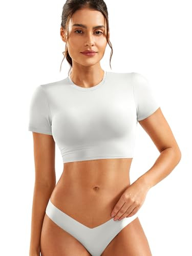 YEOREO Short Sleeve T Shirt for Women Double Lined Crop Top Crew Neck Workout Tee Colin Slim Fit ... | Amazon (US)
