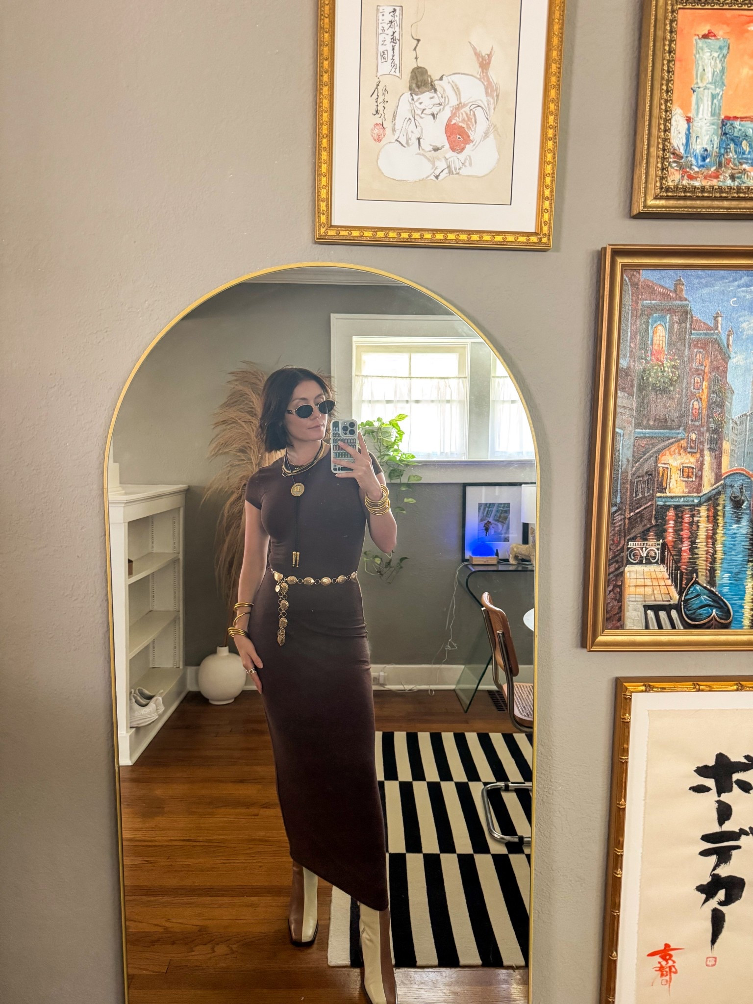 Accessory jewelry. Gold necklaces, bracelets, and belt for my in-office work day  