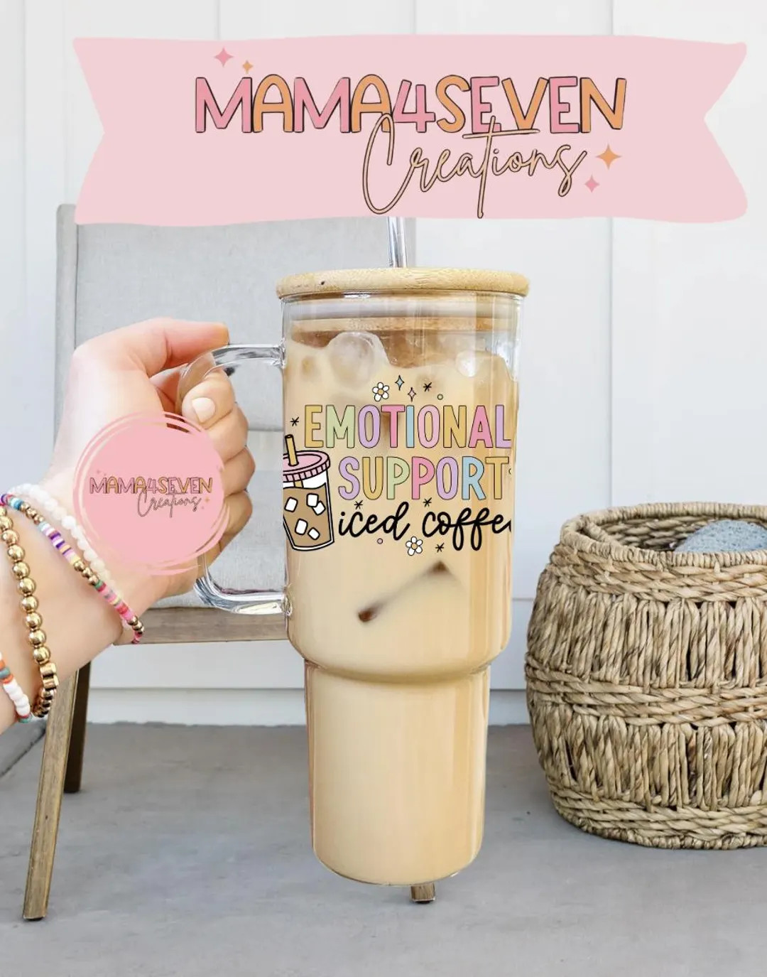 40oz Glass Tumbler With Handle, Emotional Support Iced Coffee Glass, Iced Coffee Glass, Coffee Gl... | Etsy (US)